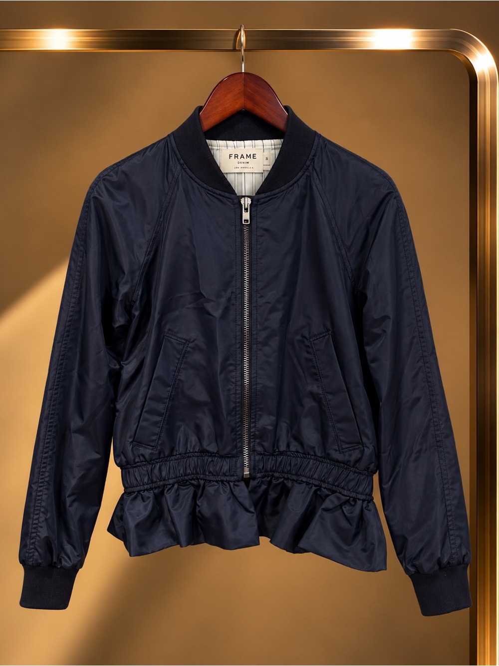 FRAME Denim Ruffle Peplum Hem Nylon Bomber Jacket Navy Zip Front Striped XS